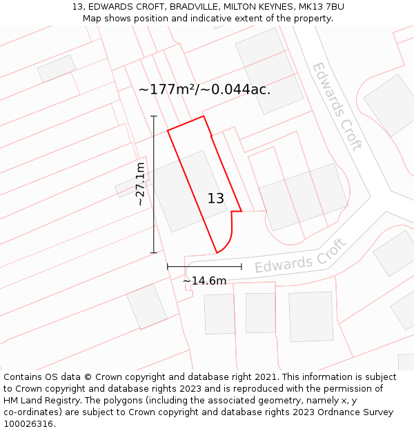 13, EDWARDS CROFT, BRADVILLE, MILTON KEYNES, MK13 7BU: Plot and title map