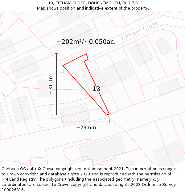 13, ELTHAM CLOSE, BOURNEMOUTH, BH7 7JS: Plot and title map