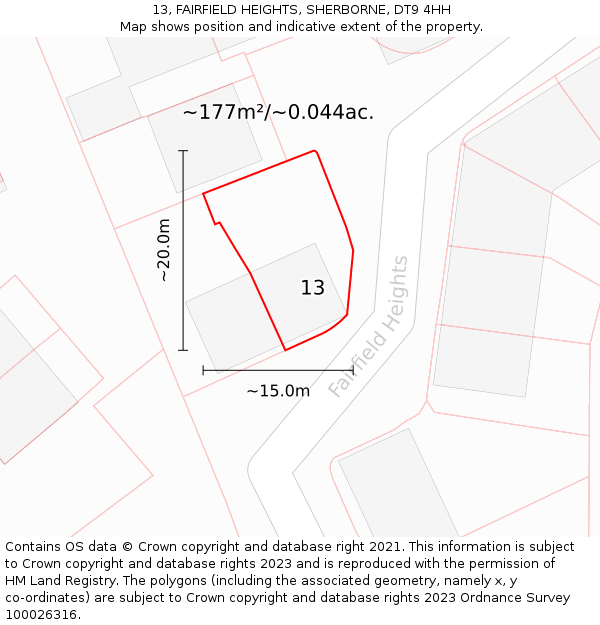 13, FAIRFIELD HEIGHTS, SHERBORNE, DT9 4HH: Plot and title map