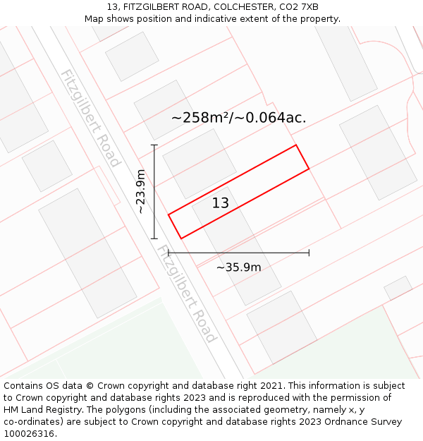 13, FITZGILBERT ROAD, COLCHESTER, CO2 7XB: Plot and title map