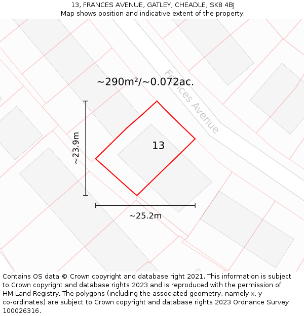 13, FRANCES AVENUE, GATLEY, CHEADLE, SK8 4BJ: Plot and title map