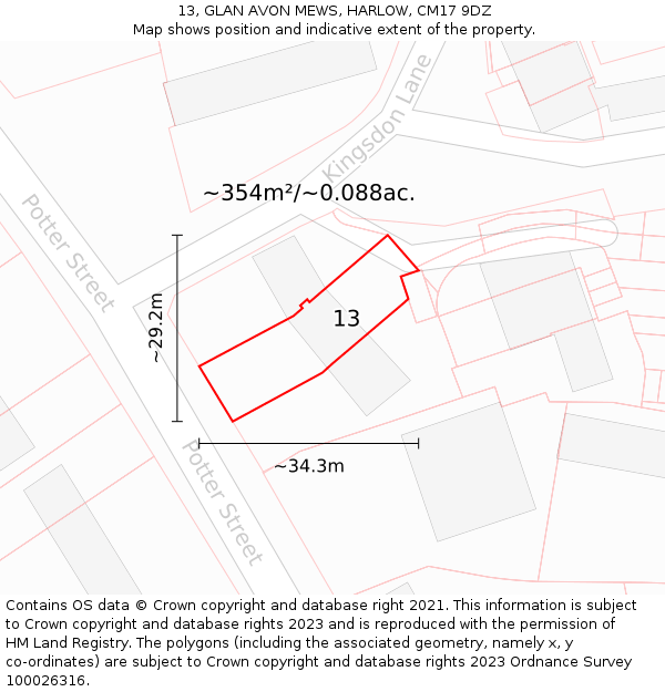 13, GLAN AVON MEWS, HARLOW, CM17 9DZ: Plot and title map