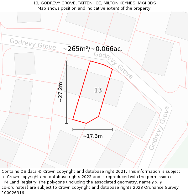 13, GODREVY GROVE, TATTENHOE, MILTON KEYNES, MK4 3DS: Plot and title map