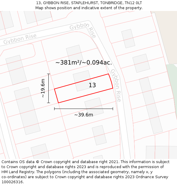 13, GYBBON RISE, STAPLEHURST, TONBRIDGE, TN12 0LT: Plot and title map