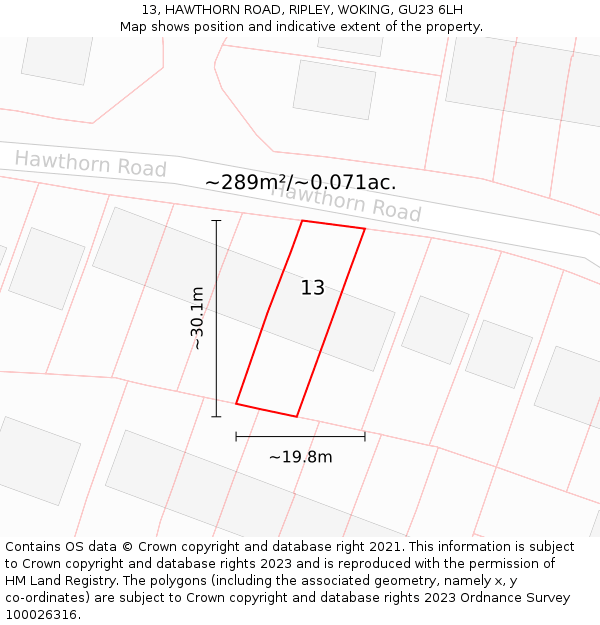 13, HAWTHORN ROAD, RIPLEY, WOKING, GU23 6LH: Plot and title map