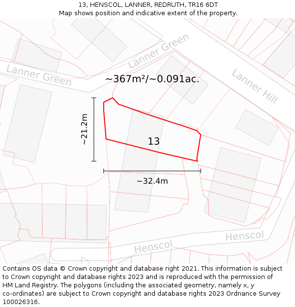 13, HENSCOL, LANNER, REDRUTH, TR16 6DT: Plot and title map