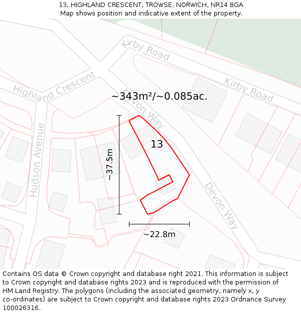 13, HIGHLAND CRESCENT, TROWSE, NORWICH, NR14 8GA: Plot and title map