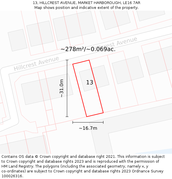 13, HILLCREST AVENUE, MARKET HARBOROUGH, LE16 7AR: Plot and title map