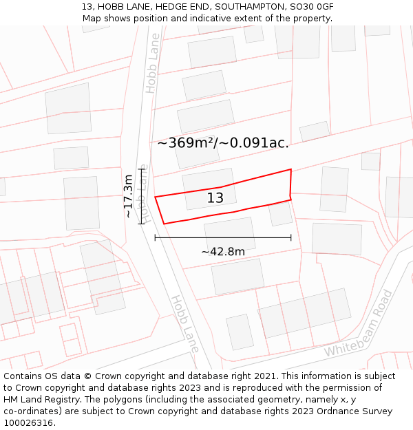 13, HOBB LANE, HEDGE END, SOUTHAMPTON, SO30 0GF: Plot and title map