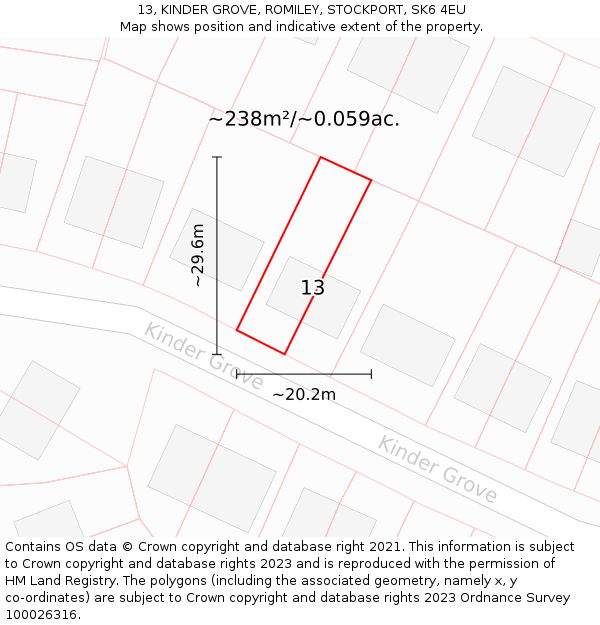 13, KINDER GROVE, ROMILEY, STOCKPORT, SK6 4EU: Plot and title map