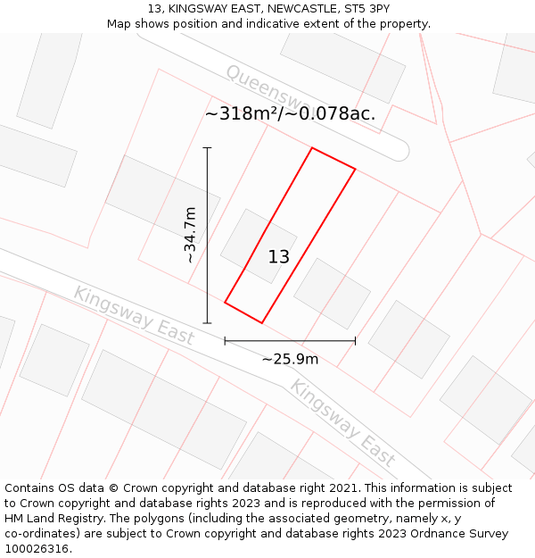 13, KINGSWAY EAST, NEWCASTLE, ST5 3PY: Plot and title map