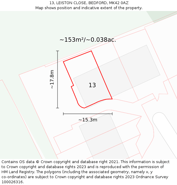 13, LEISTON CLOSE, BEDFORD, MK42 0AZ: Plot and title map