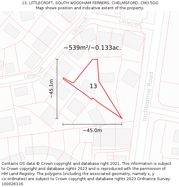 13, LITTLECROFT, SOUTH WOODHAM FERRERS, CHELMSFORD, CM3 5GG: Plot and title map