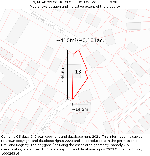 13, MEADOW COURT CLOSE, BOURNEMOUTH, BH9 2BT: Plot and title map