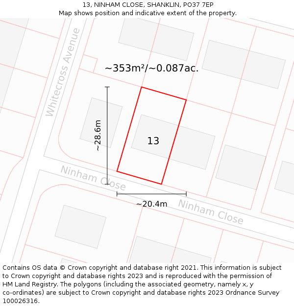 13, NINHAM CLOSE, SHANKLIN, PO37 7EP: Plot and title map