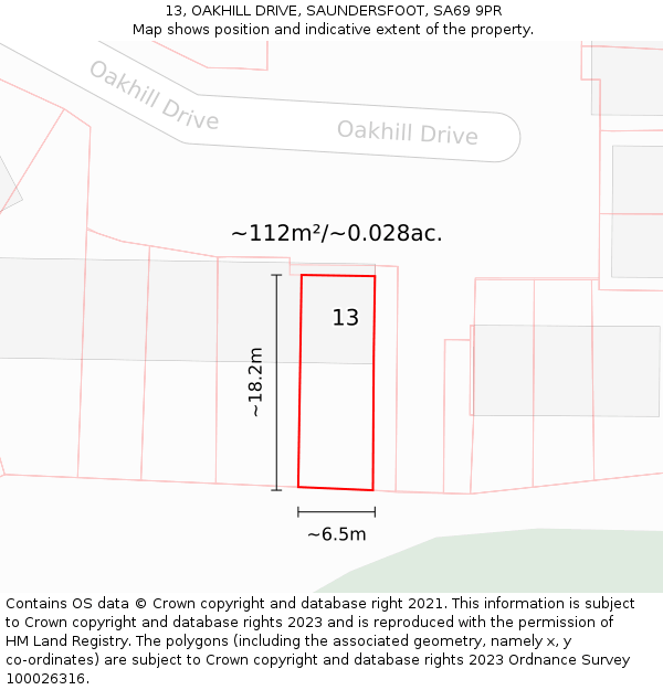 13, OAKHILL DRIVE, SAUNDERSFOOT, SA69 9PR: Plot and title map