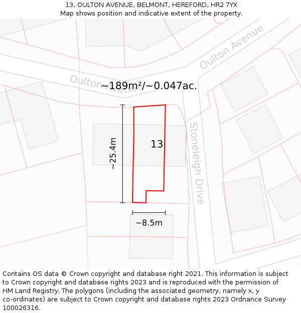 13, OULTON AVENUE, BELMONT, HEREFORD, HR2 7YX: Plot and title map
