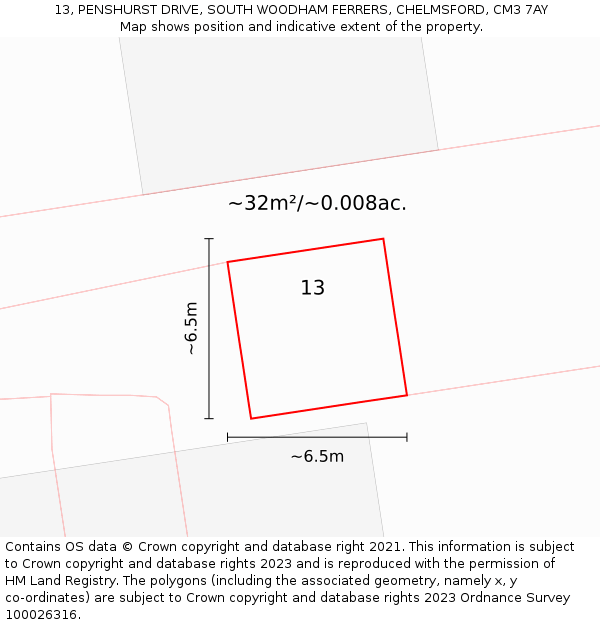 13, PENSHURST DRIVE, SOUTH WOODHAM FERRERS, CHELMSFORD, CM3 7AY: Plot and title map