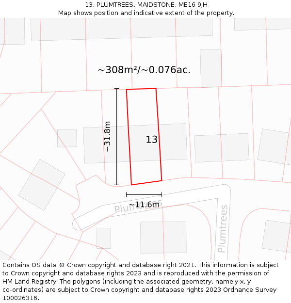 13, PLUMTREES, MAIDSTONE, ME16 9JH: Plot and title map