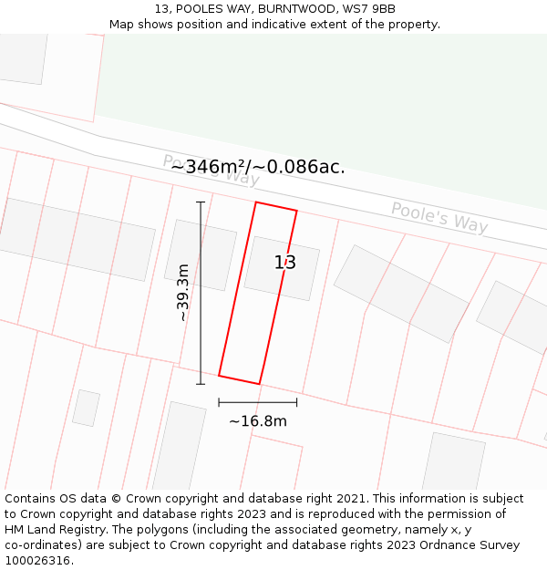 13, POOLES WAY, BURNTWOOD, WS7 9BB: Plot and title map