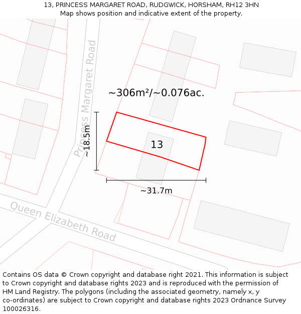 13, PRINCESS MARGARET ROAD, RUDGWICK, HORSHAM, RH12 3HN: Plot and title map