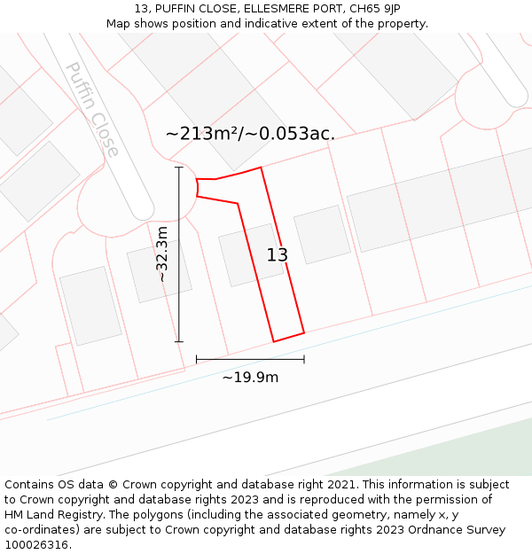 13, PUFFIN CLOSE, ELLESMERE PORT, CH65 9JP: Plot and title map