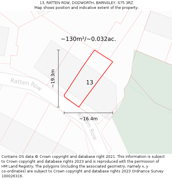 13, RATTEN ROW, DODWORTH, BARNSLEY, S75 3RZ: Plot and title map