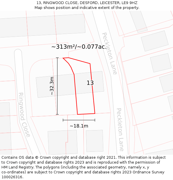 13, RINGWOOD CLOSE, DESFORD, LEICESTER, LE9 9HZ: Plot and title map