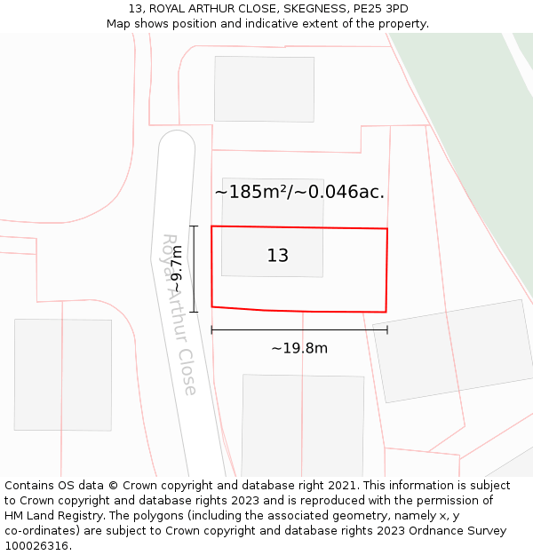 13, ROYAL ARTHUR CLOSE, SKEGNESS, PE25 3PD: Plot and title map