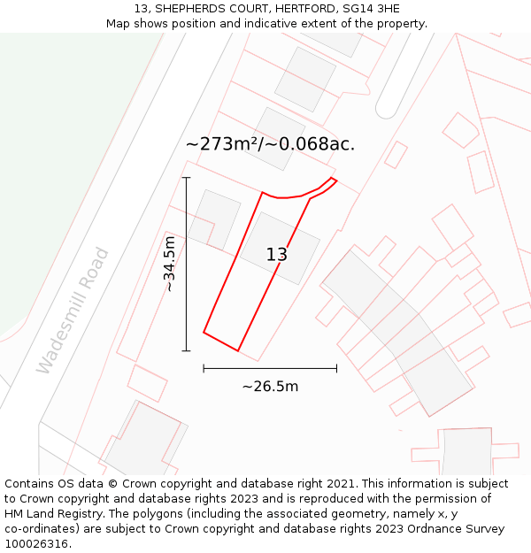 13, SHEPHERDS COURT, HERTFORD, SG14 3HE: Plot and title map