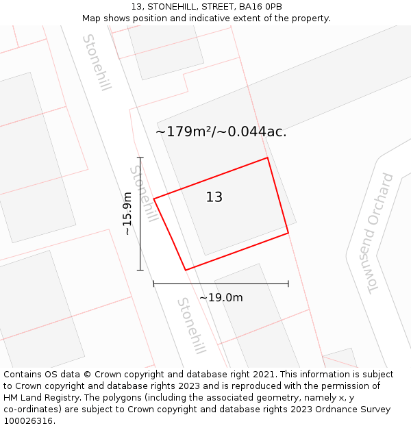 13, STONEHILL, STREET, BA16 0PB: Plot and title map