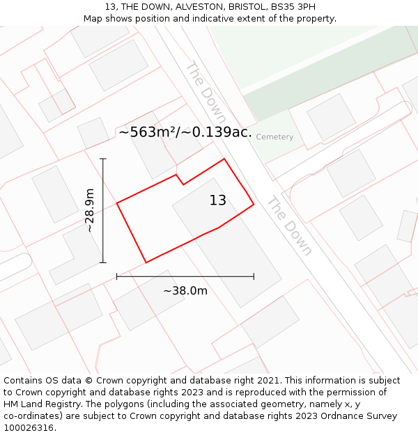 13, THE DOWN, ALVESTON, BRISTOL, BS35 3PH: Plot and title map