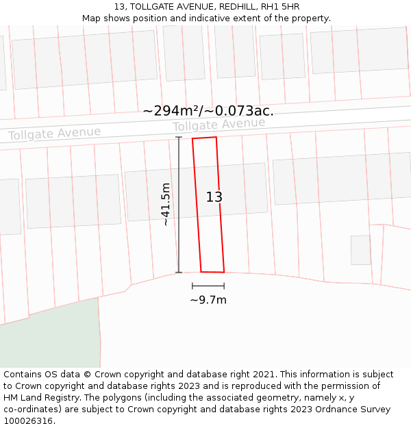 13, TOLLGATE AVENUE, REDHILL, RH1 5HR: Plot and title map