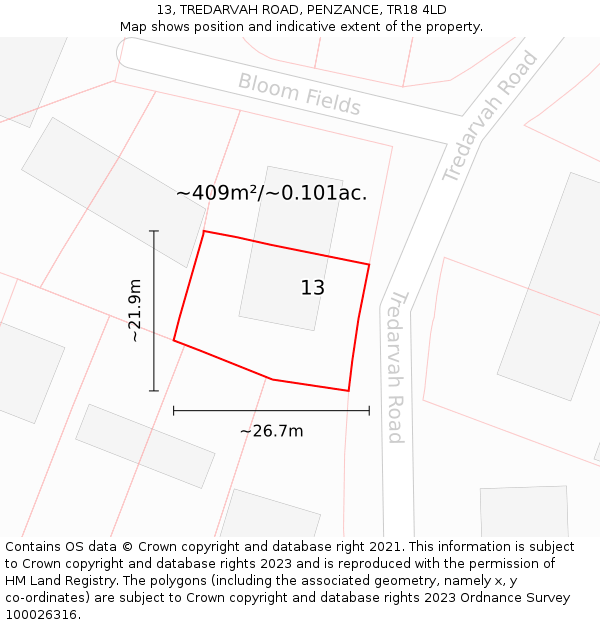 13, TREDARVAH ROAD, PENZANCE, TR18 4LD: Plot and title map