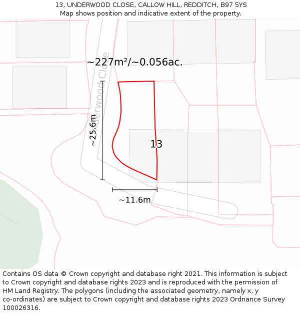13, UNDERWOOD CLOSE, CALLOW HILL, REDDITCH, B97 5YS: Plot and title map