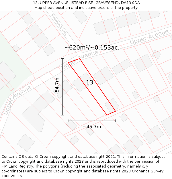 13, UPPER AVENUE, ISTEAD RISE, GRAVESEND, DA13 9DA: Plot and title map