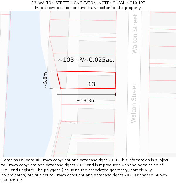 13, WALTON STREET, LONG EATON, NOTTINGHAM, NG10 1PB: Plot and title map