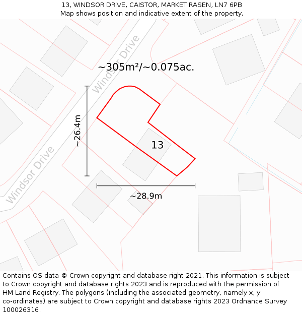 13, WINDSOR DRIVE, CAISTOR, MARKET RASEN, LN7 6PB: Plot and title map