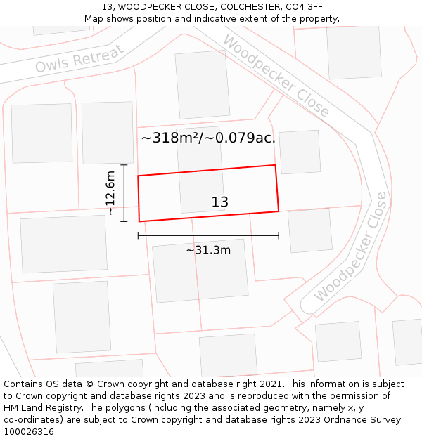 13, WOODPECKER CLOSE, COLCHESTER, CO4 3FF: Plot and title map