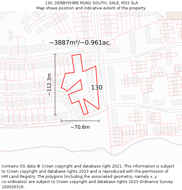 130, DERBYSHIRE ROAD SOUTH, SALE, M33 3LA: Plot and title map