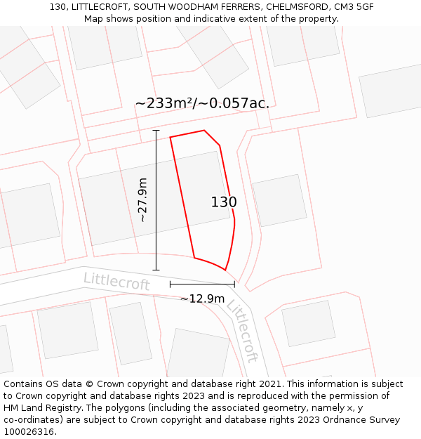 130, LITTLECROFT, SOUTH WOODHAM FERRERS, CHELMSFORD, CM3 5GF: Plot and title map