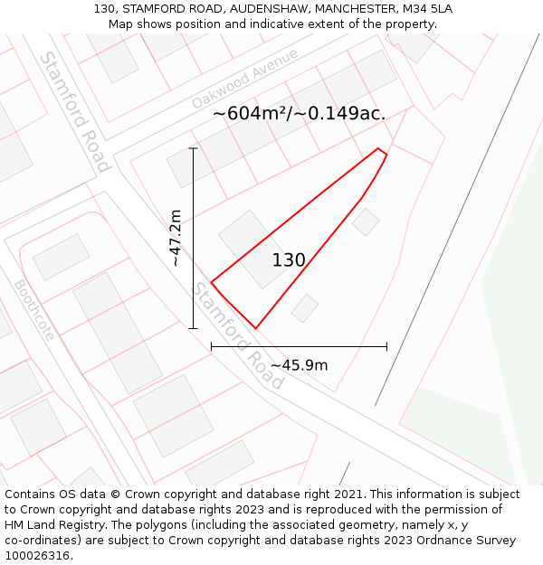 130, STAMFORD ROAD, AUDENSHAW, MANCHESTER, M34 5LA: Plot and title map