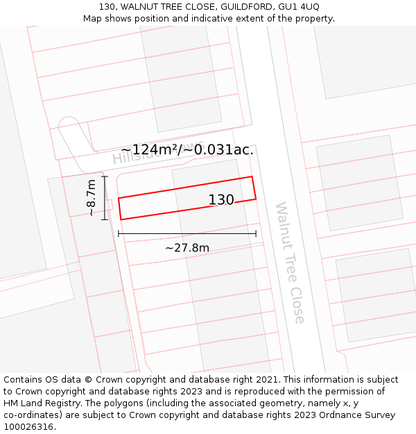 130, WALNUT TREE CLOSE, GUILDFORD, GU1 4UQ: Plot and title map