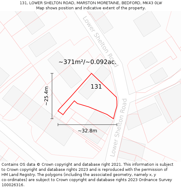 131, LOWER SHELTON ROAD, MARSTON MORETAINE, BEDFORD, MK43 0LW: Plot and title map