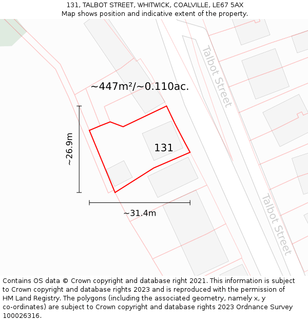 131, TALBOT STREET, WHITWICK, COALVILLE, LE67 5AX: Plot and title map