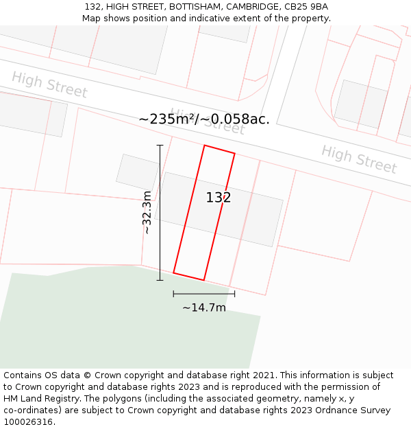 132, HIGH STREET, BOTTISHAM, CAMBRIDGE, CB25 9BA: Plot and title map