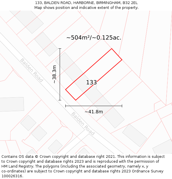 133, BALDEN ROAD, HARBORNE, BIRMINGHAM, B32 2EL: Plot and title map