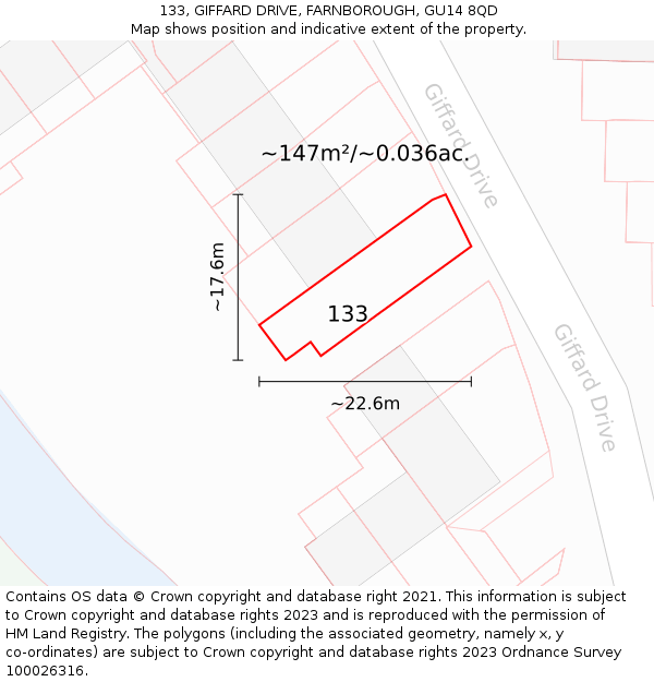 133, GIFFARD DRIVE, FARNBOROUGH, GU14 8QD: Plot and title map