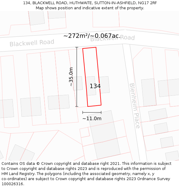 134, BLACKWELL ROAD, HUTHWAITE, SUTTON-IN-ASHFIELD, NG17 2RF: Plot and title map