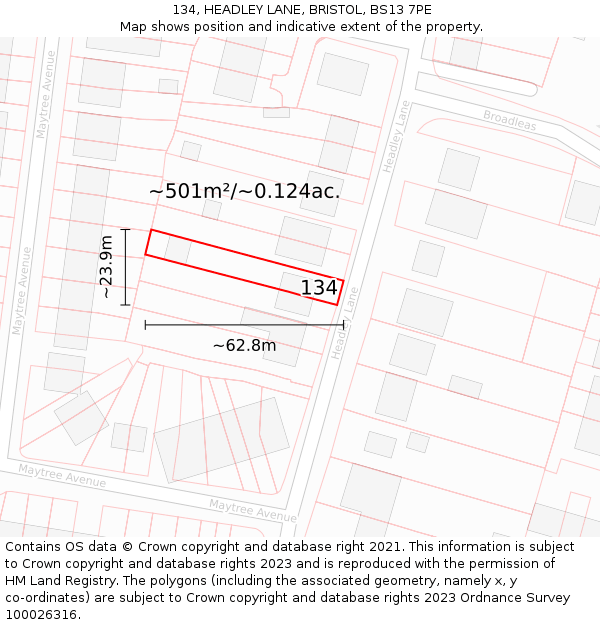 134, HEADLEY LANE, BRISTOL, BS13 7PE: Plot and title map